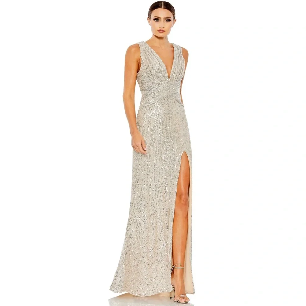 Mac Duggal Ieena 26598 V-Neck Wrap Waist Sequin Gown Dress New Champagne Formal